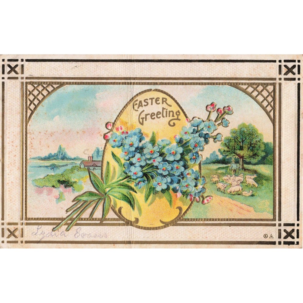 Antique 1911 Embossed Easter Postcard Forget Me Nots Sheep Pastoral Scene VG- - Picture 1 of 2